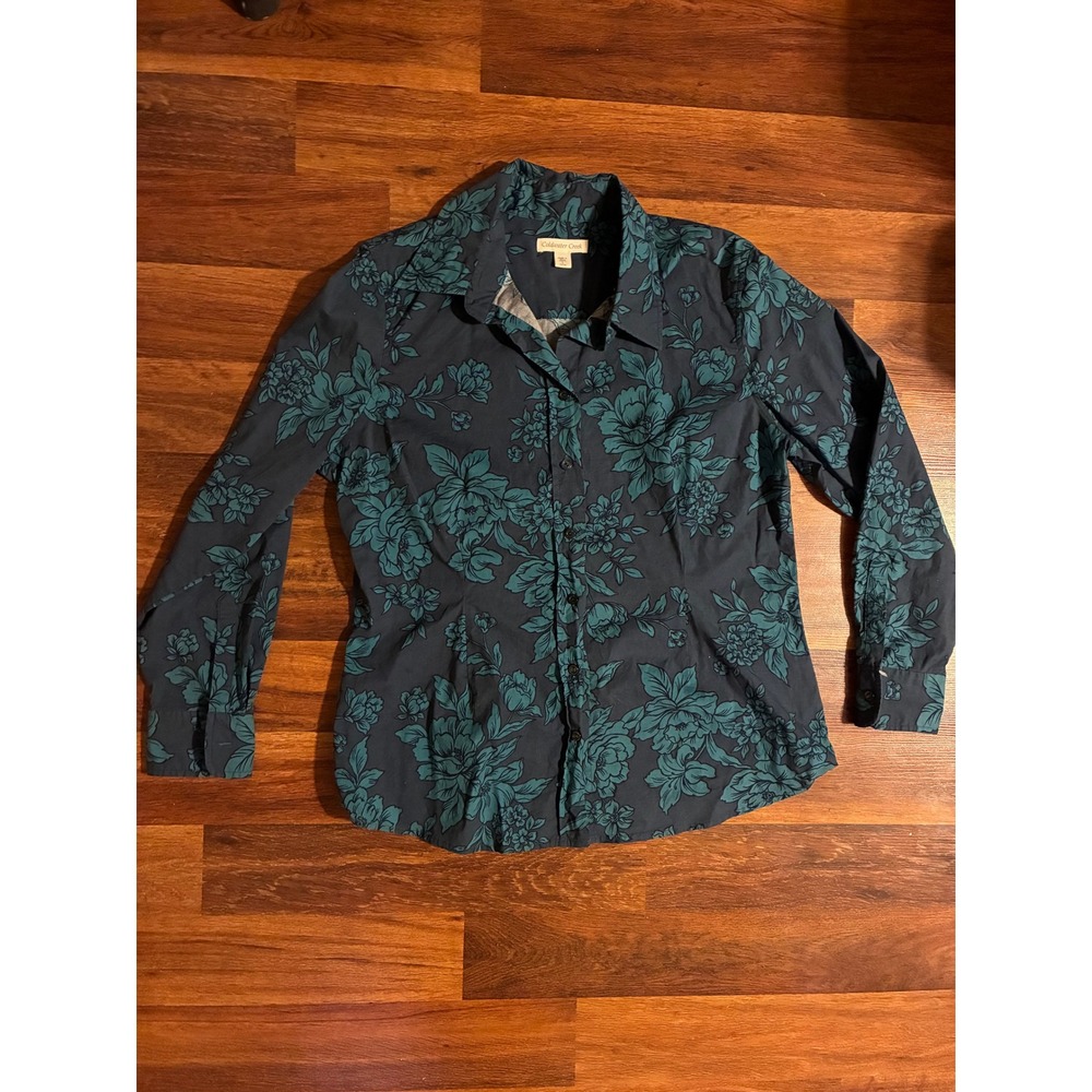Coldwater Creek Womens Teal Navy Floral Button Down Shirt Long Sleeve L 14-16